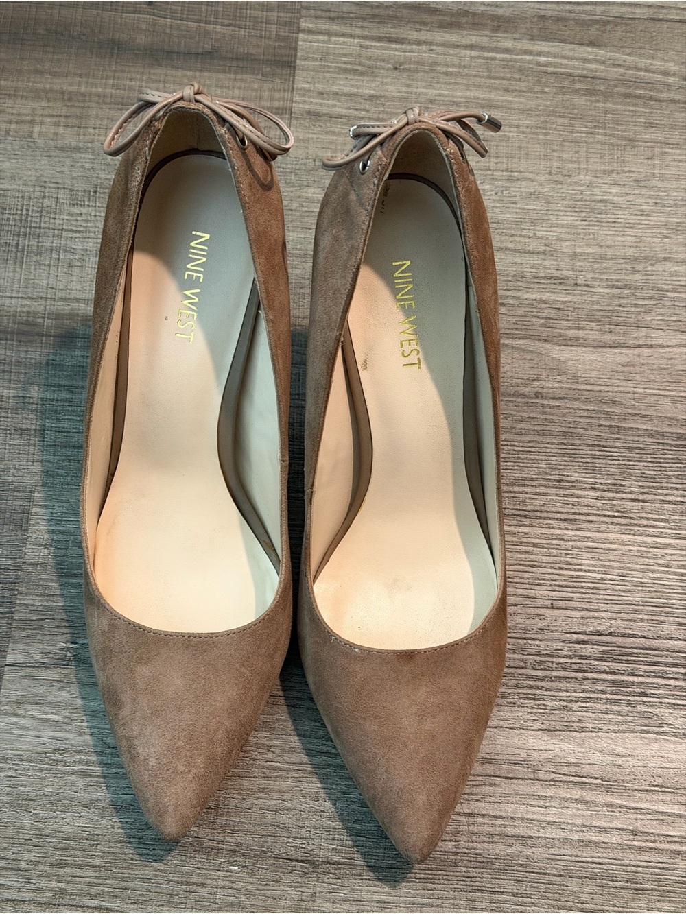 Nine West Taupe Suede Pointed-Toe Pumps with Bow Accent